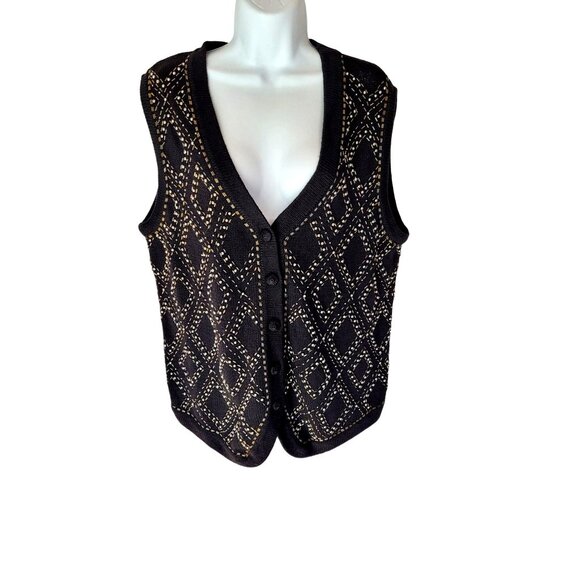 OHI Vintage Knit Vest Womens Size L Beaded Black Button V Neck Ramie Cotton - Picture 2 of 11
